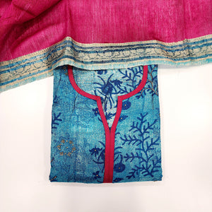 - Javer Unstitched Suit Set for Women - Vibrant Tussar Silk Block Print Sequence