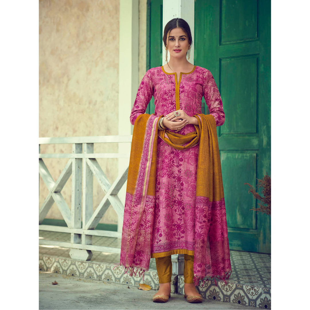 Javer Unstitched Suit Set for Women - Vibrant Tussar Silk Block Print Sequence