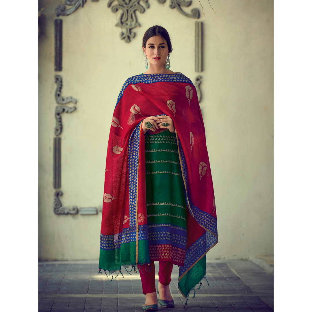 Javer Unstitched Suit Set for Women - Tussar Silk Block Print Sequence Work