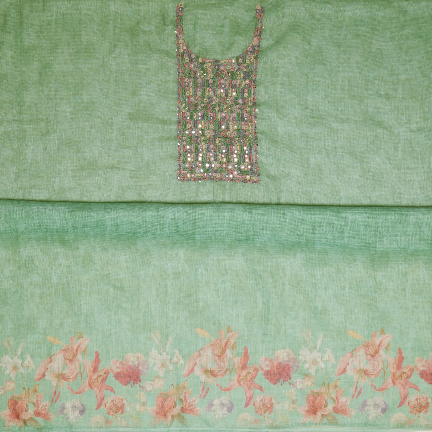 Javer Kota Silk French Knots & Mirror Work Unstitched Suit Set for Women