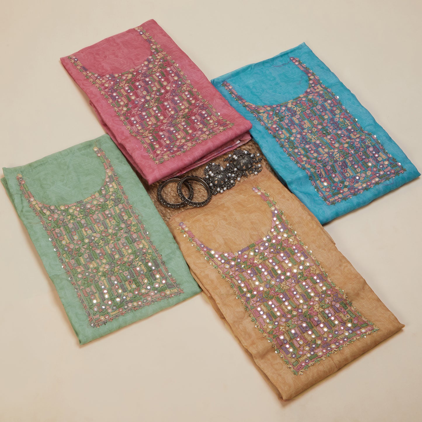 Javer Kota Silk French Knots & Mirror Work Unstitched Suit Set for Women