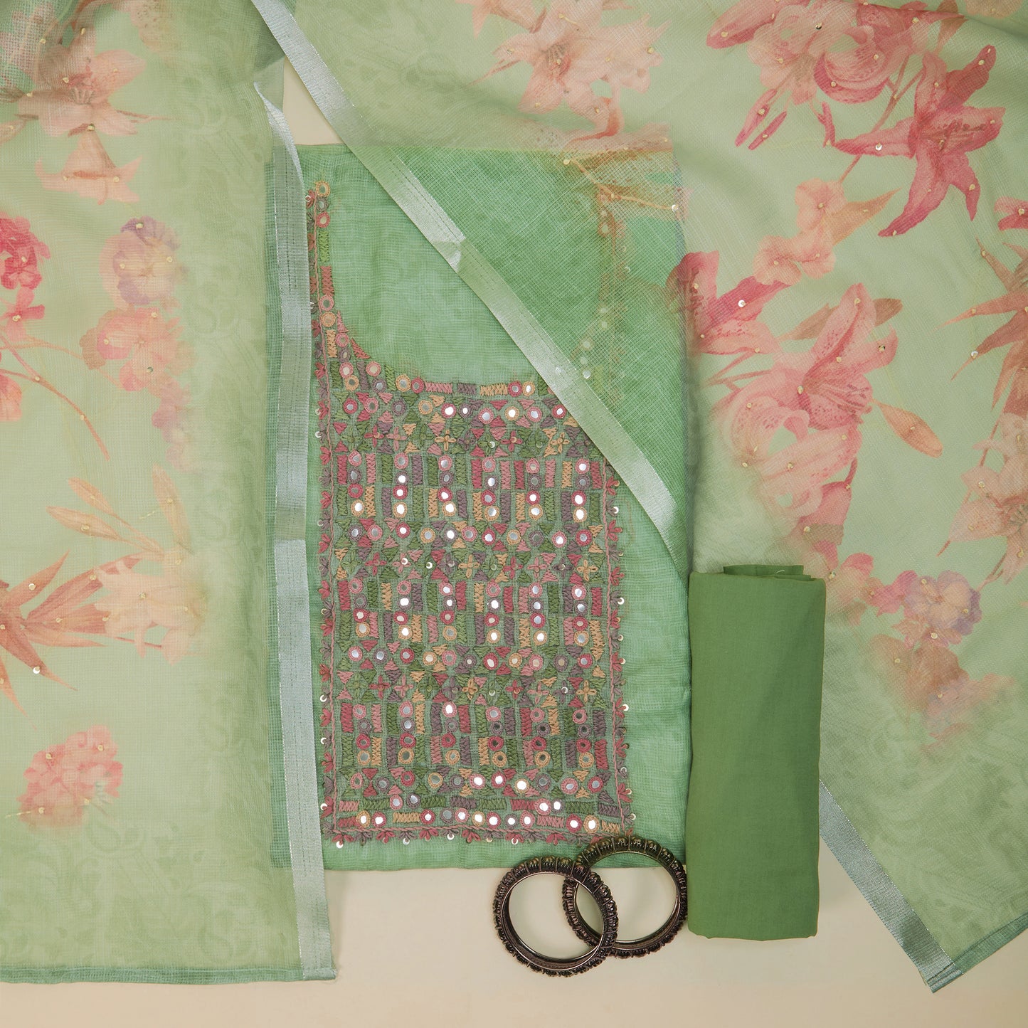Javer Kota Silk French Knots & Mirror Work Unstitched Suit Set for Women