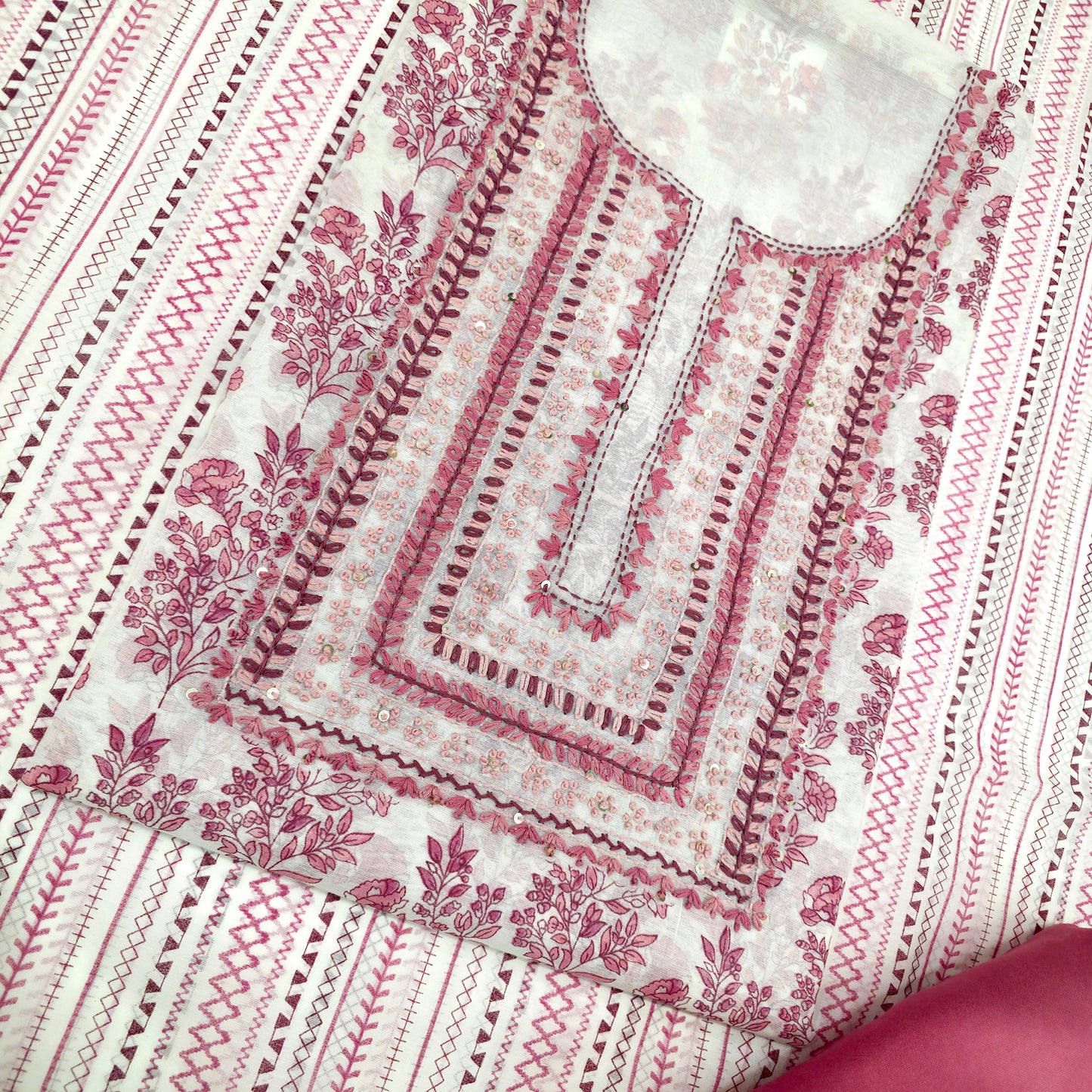 Javer Chanderi Silk Floral French Knots Dress Material for Women