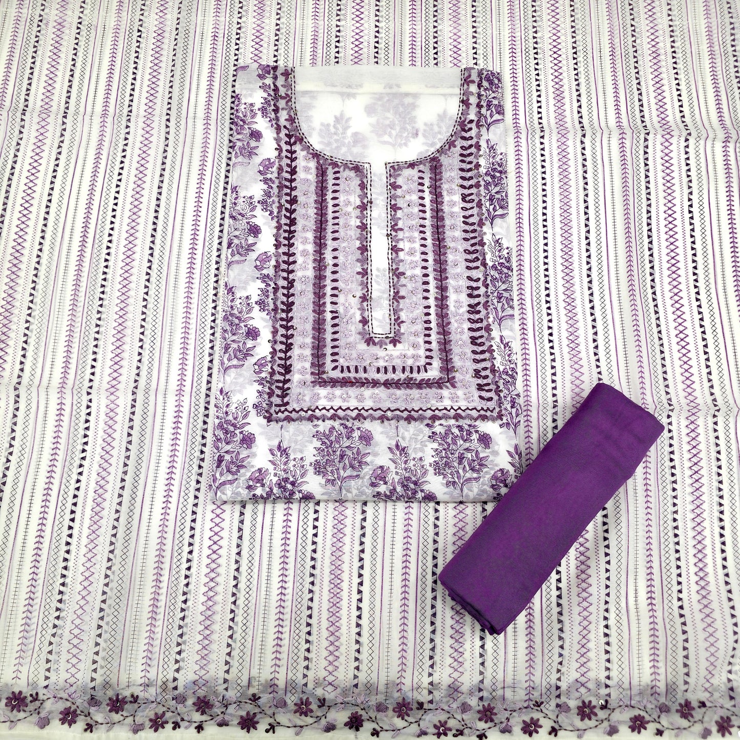 Javer Chanderi Silk Floral French Knots Dress Material for Women