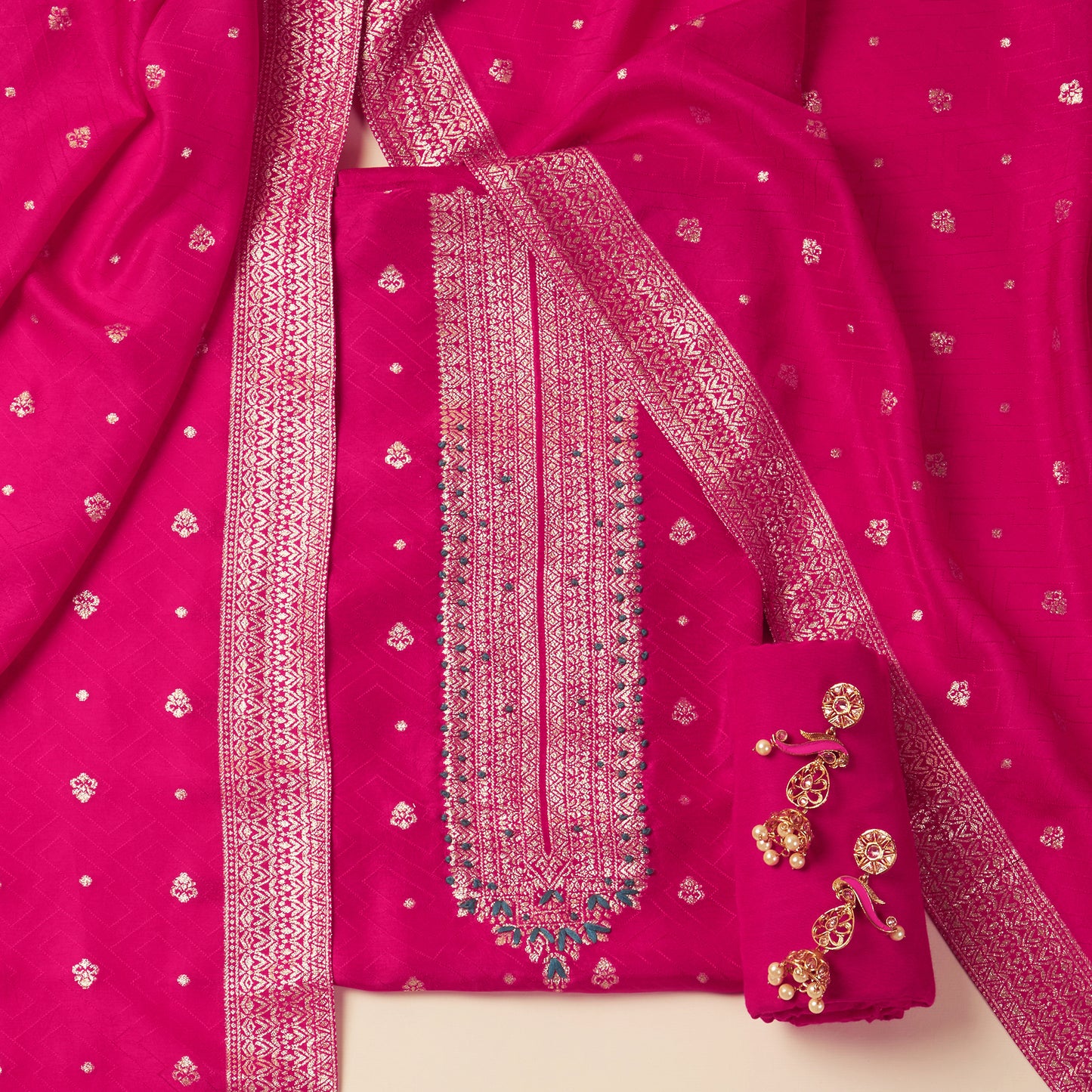 Javer Banarasi Silk Golden Foil Buttis Unstitched 3pcs Suit Set for Women