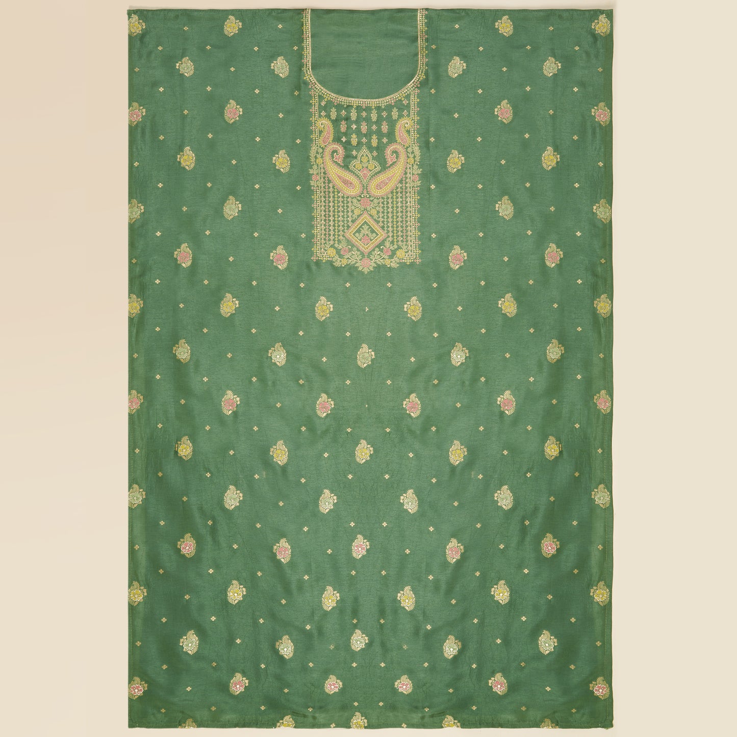 Javer Banarasi Silk Golden Foil Flower Buttis Unstitched 3pcs Suit Set for Women