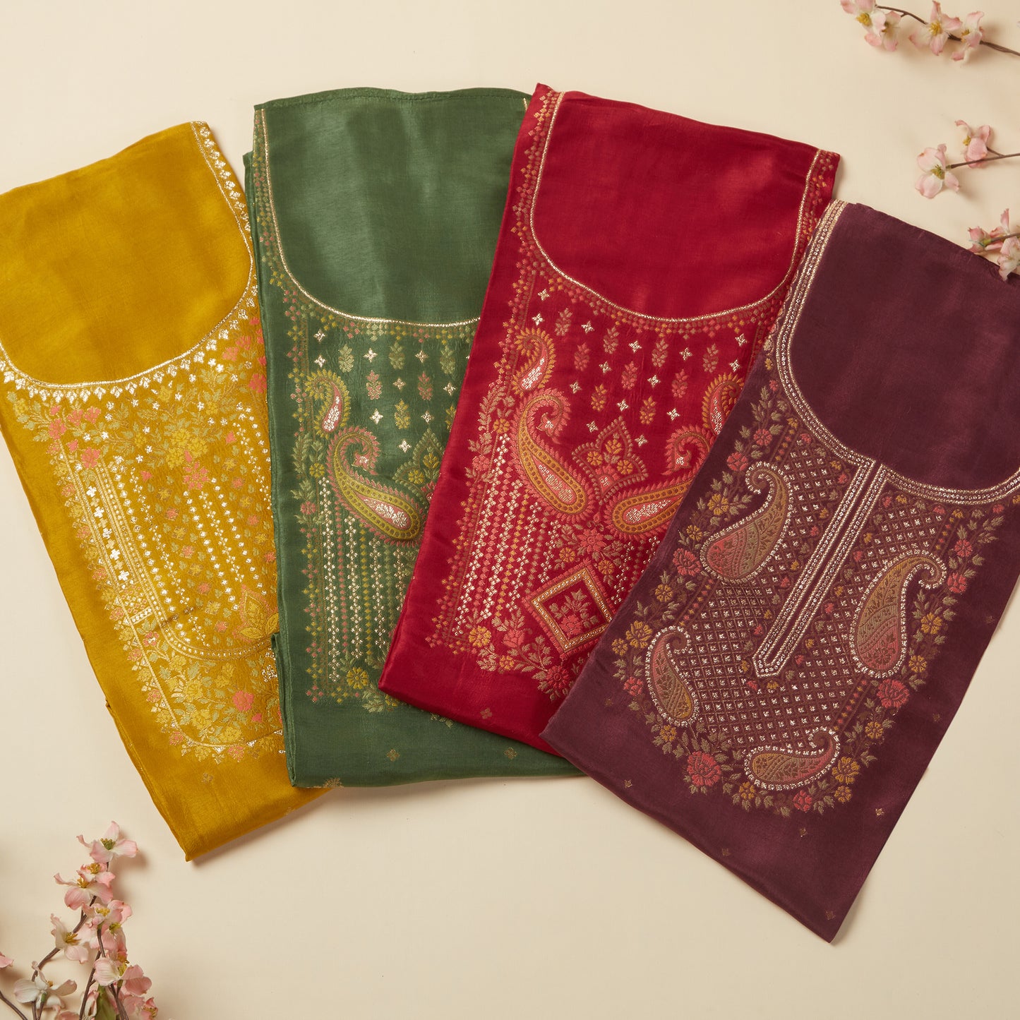 Javer Banarasi Silk Golden Foil Flower Buttis Unstitched 3pcs Suit Set for Women