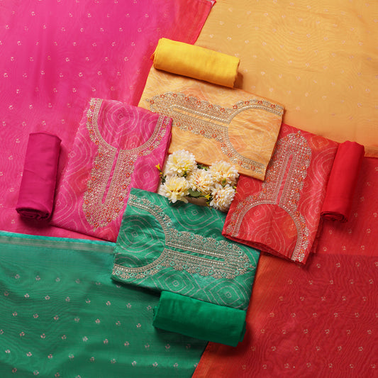 Javer Chanderi Silk Zardosi Work Bandhani Print Unstitched Suit Set for Women