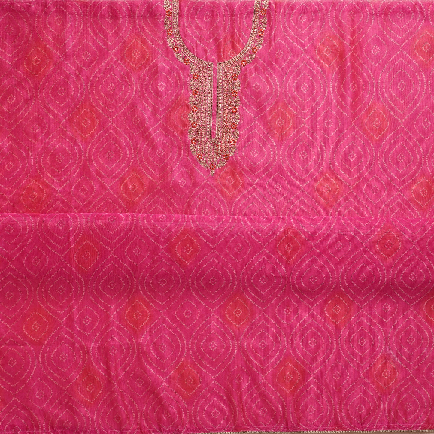 Javer Chanderi Silk Zardosi Work Bandhani Print Unstitched Suit Set for Women