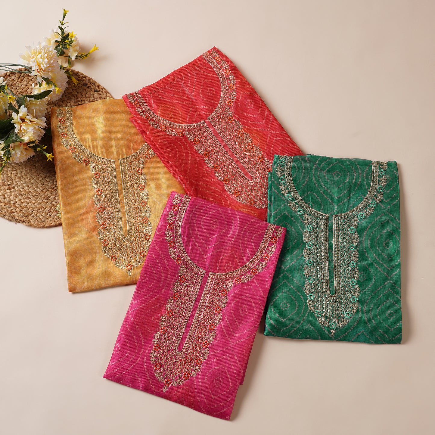 Javer Chanderi Silk Zardosi Work Bandhani Print Unstitched Suit Set for Women