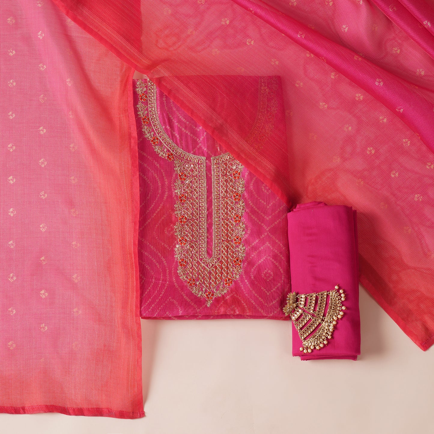 Javer Chanderi Silk Zardosi Work Bandhani Print Unstitched Suit Set for Women