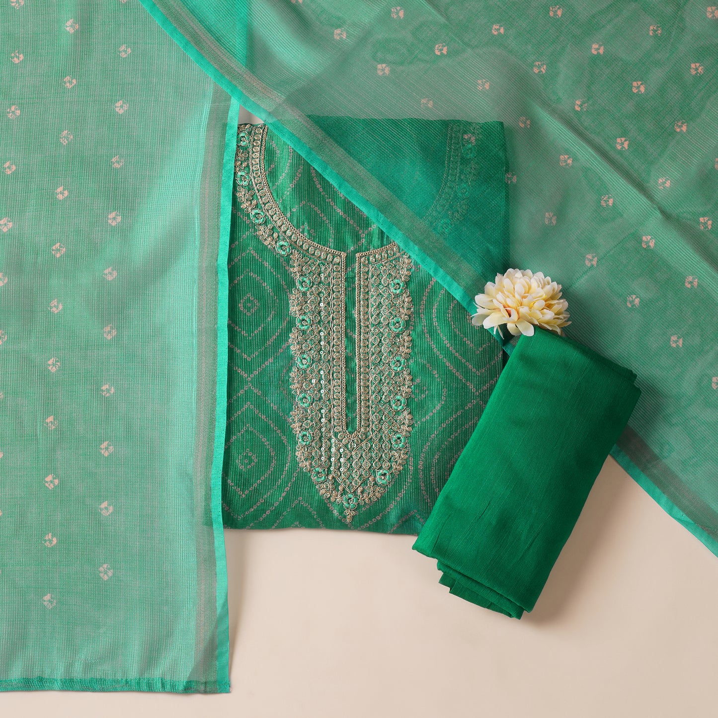 Javer Chanderi Silk Zardosi Work Bandhani Print Unstitched Suit Set for Women