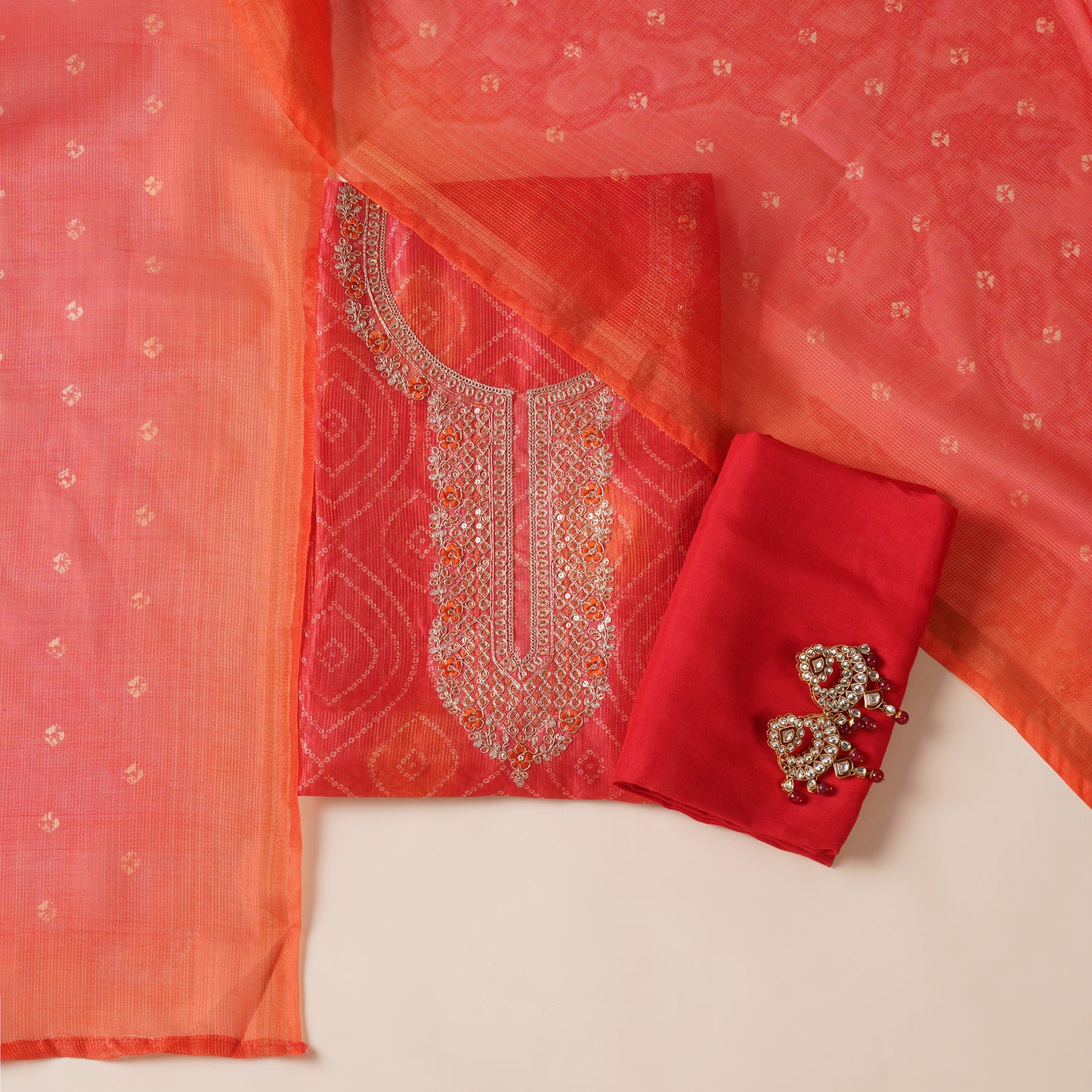 Javer Chanderi Silk Zardosi Work Bandhani Print Unstitched Suit Set for Women