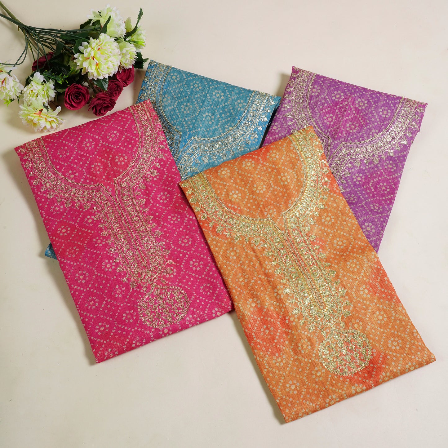 Javer Chanderi Silk Zardosi Work Bandhani Print Unstitched Suit Set for Women