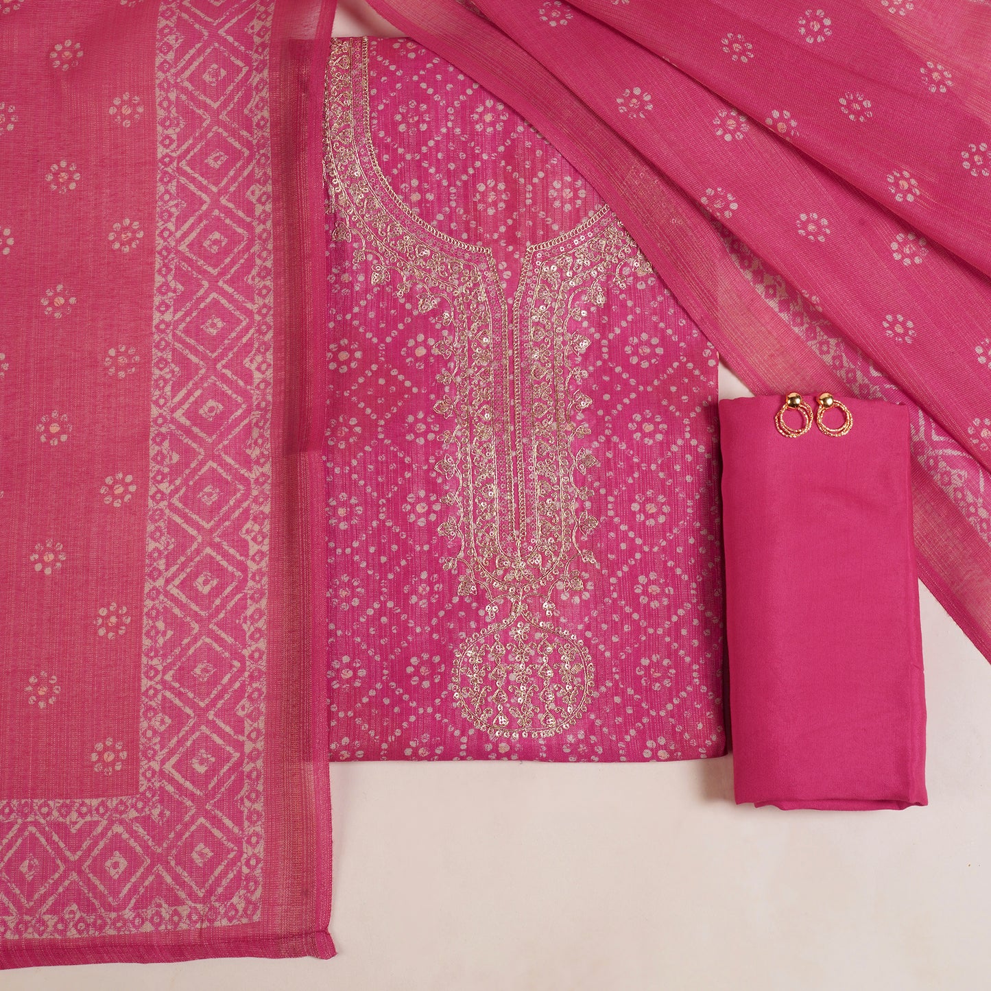 Javer Chanderi Silk Zardosi Work Bandhani Print Unstitched Suit Set for Women