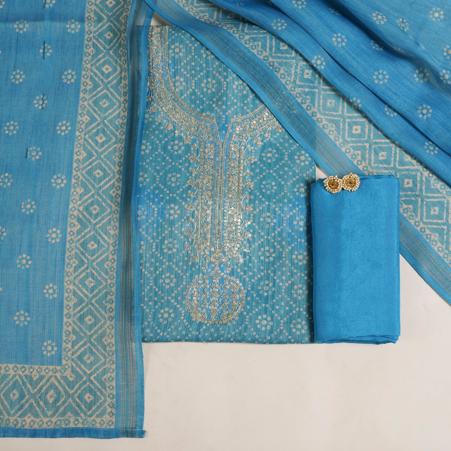 Javer Chanderi Silk Zardosi Work Bandhani Print Unstitched Suit Set for Women