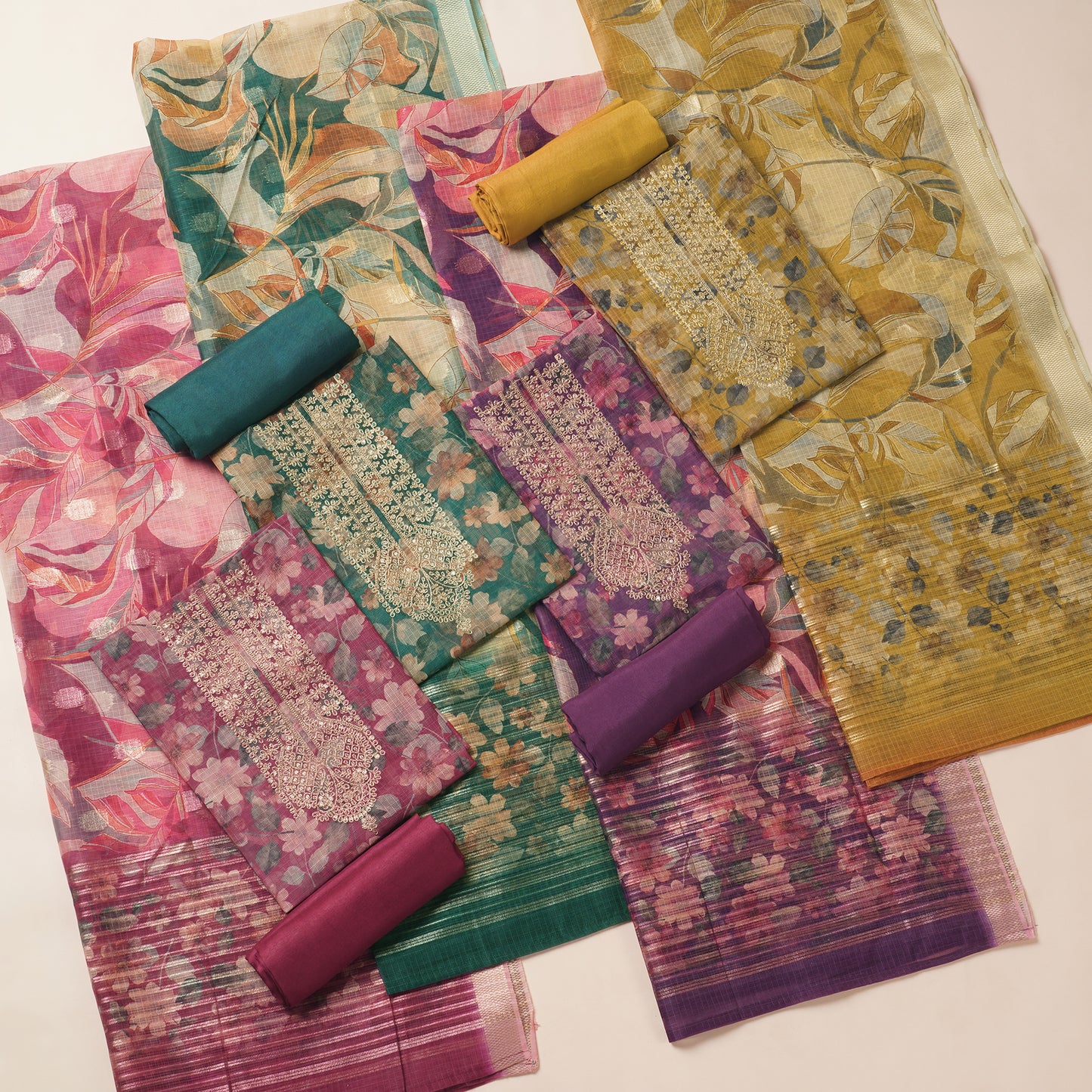 Javer Kota Silk Zari Work & Banarasi Weaving Floral Print Unstitched Suit Set for Women