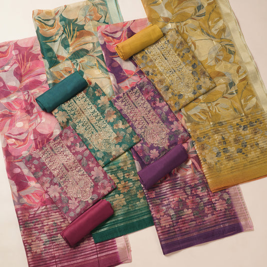 Javer Kota Silk Zari Work & Banarasi Weaving Floral Print Unstitched Suit Set for Women