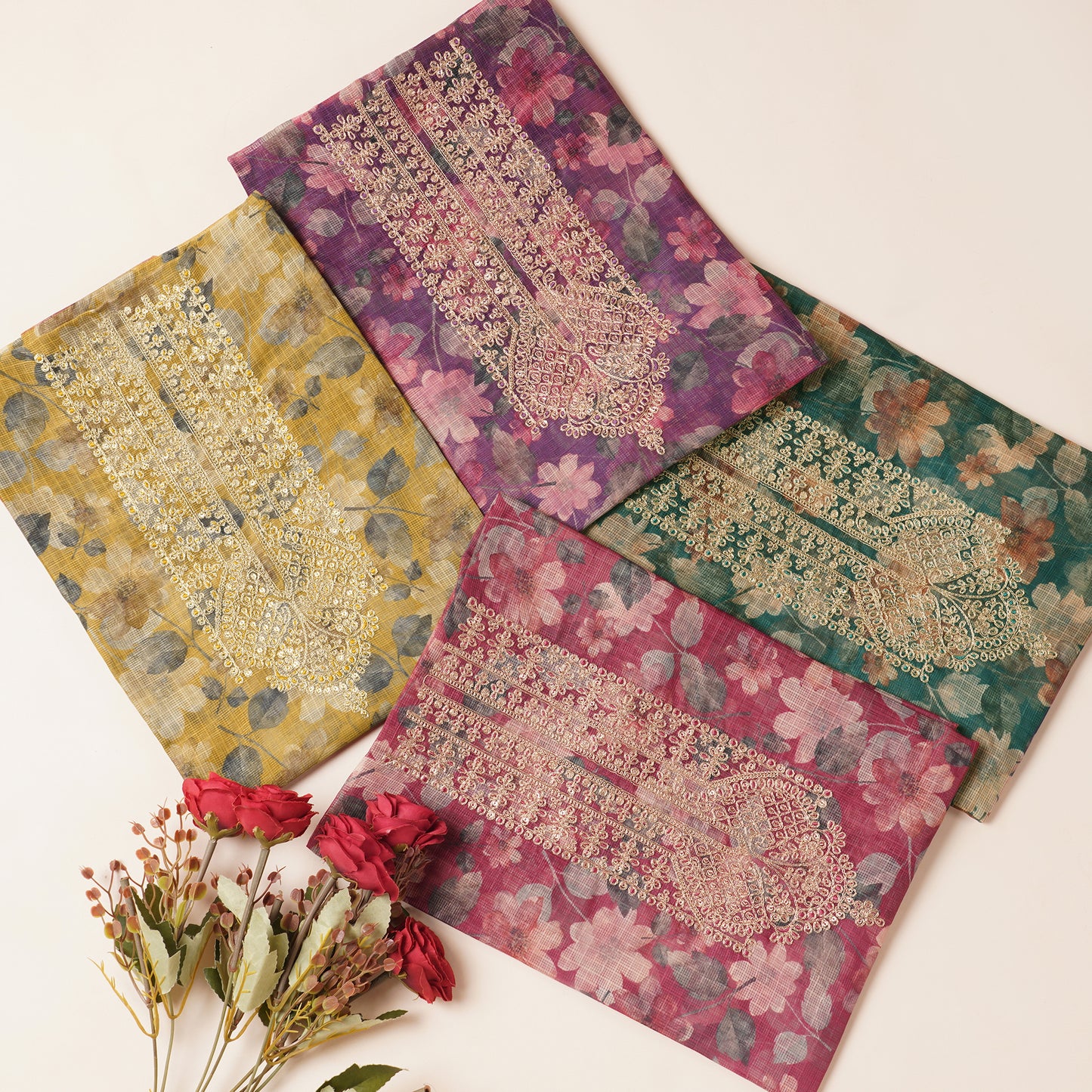 Javer Kota Silk Zari Work & Banarasi Weaving Floral Print Unstitched Suit Set for Women