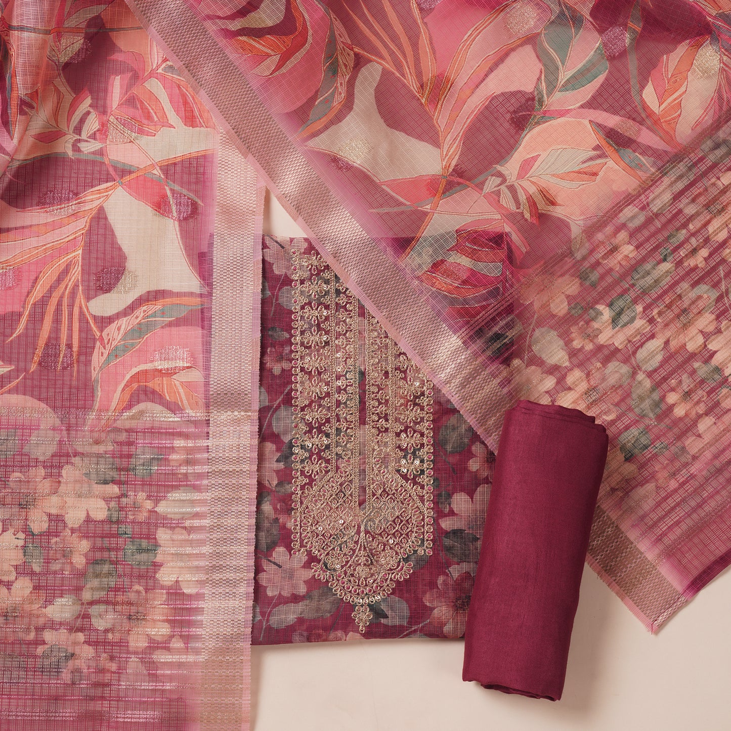 Javer Kota Silk Zari Work & Banarasi Weaving Floral Print Unstitched Suit Set for Women