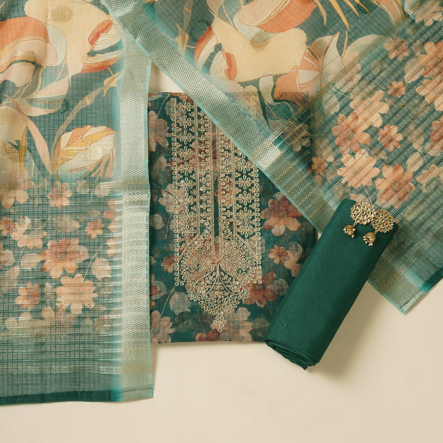 Javer Kota Silk Zari Work & Banarasi Weaving Floral Print Unstitched Suit Set for Women