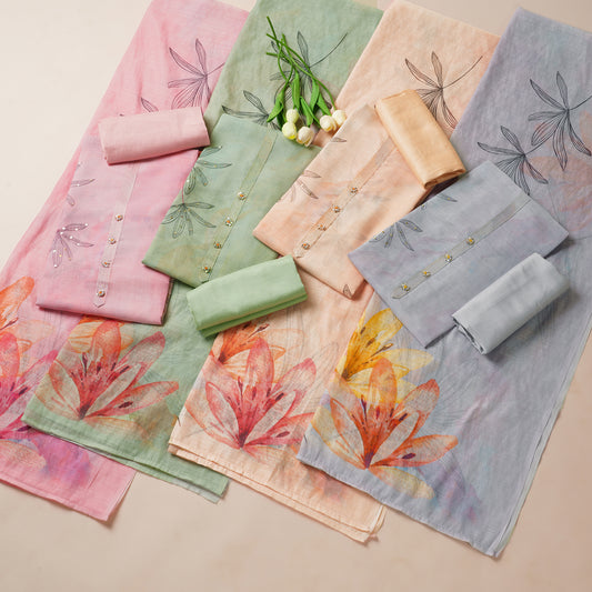 Javer Linen Badla Work Floral Print Unstitched Suit Set for Women