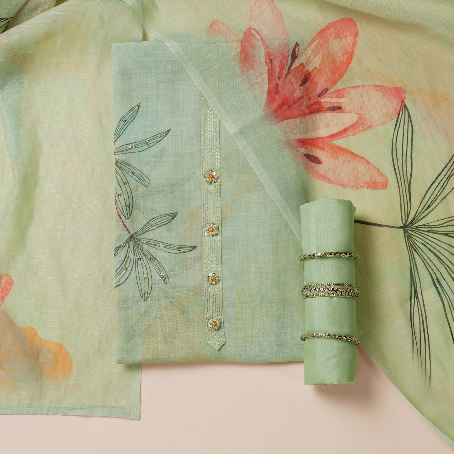Javer Linen Badla Work Floral Print Unstitched Suit Set for Women