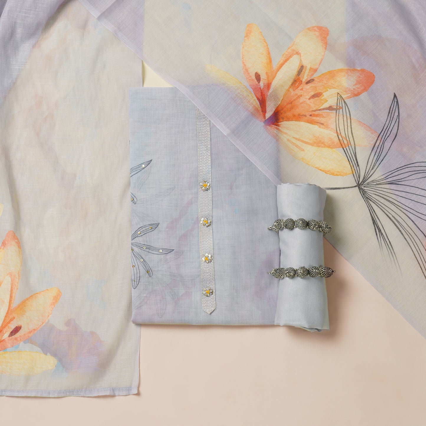 Javer Linen Badla Work Floral Print Unstitched Suit Set for Women