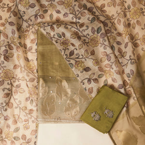- Javer Kalamkari Linen Mirror Work Unstitched Suit Set for Women