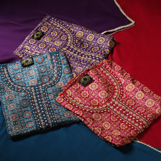 Javer Unstitched Suit Set for Women - Muslin Ajrak print with Mirror work