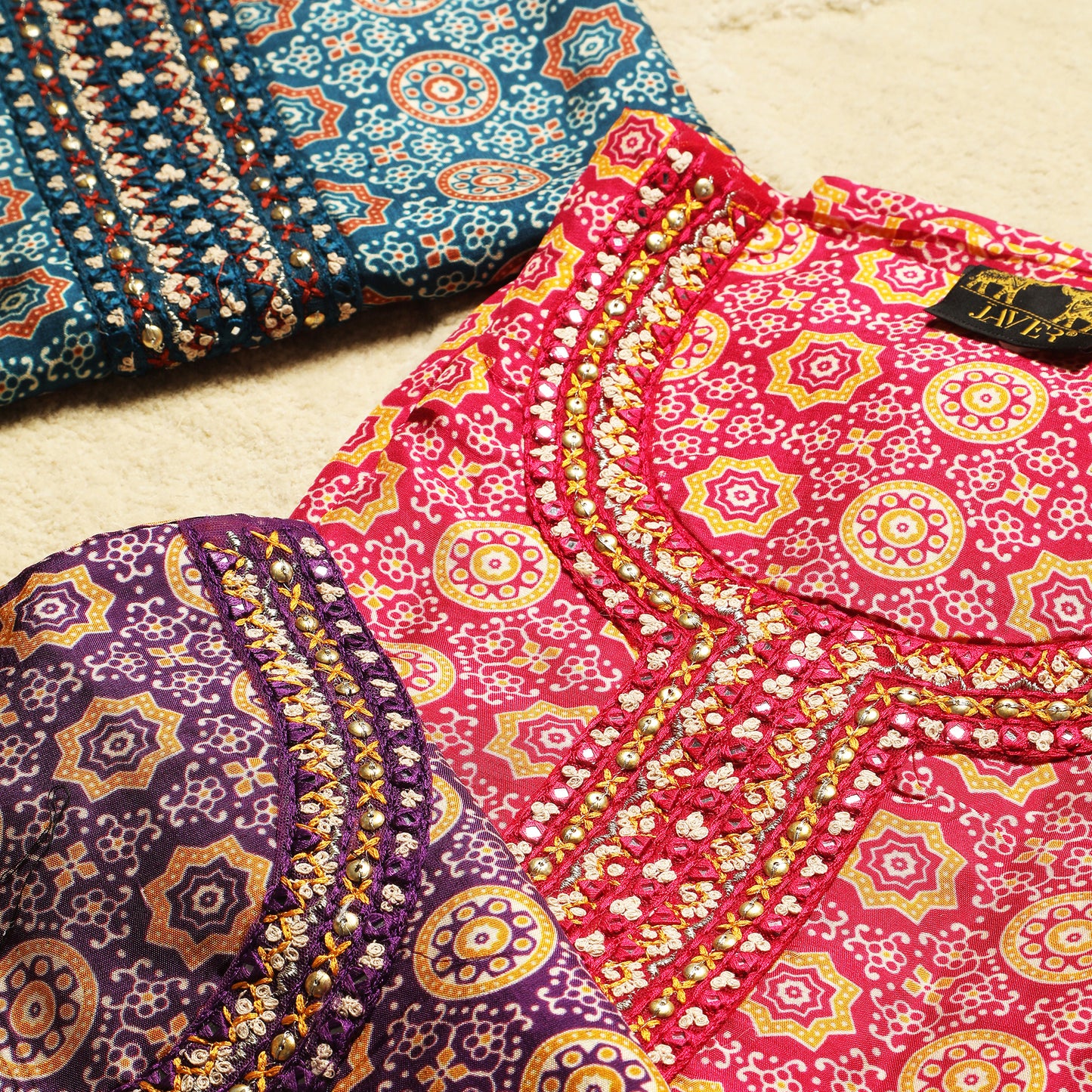 Javer Unstitched Suit Set for Women - Muslin Ajrak print with Mirror work
