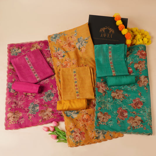 Javer Floral Linen Zari Work Unstitched Suit Set for Women