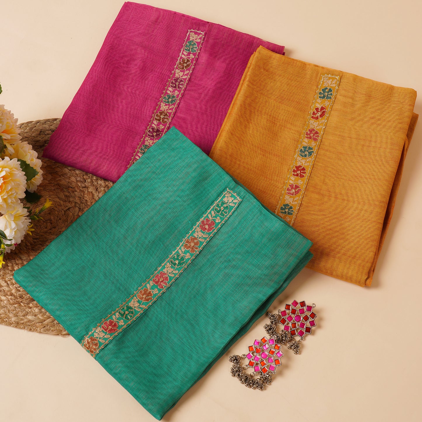 Javer Floral Linen Zari Work Unstitched Suit Set for Women