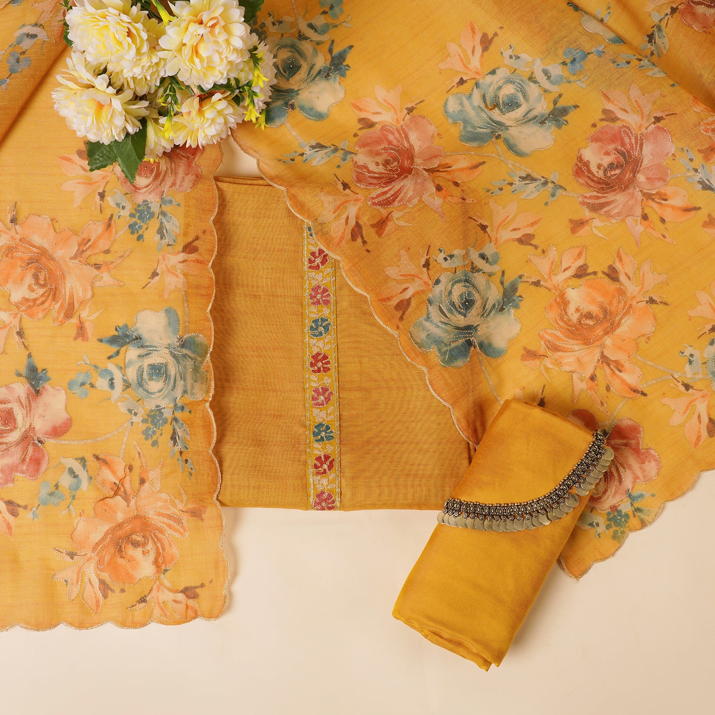 Javer Floral Linen Zari Work Unstitched Suit Set for Women