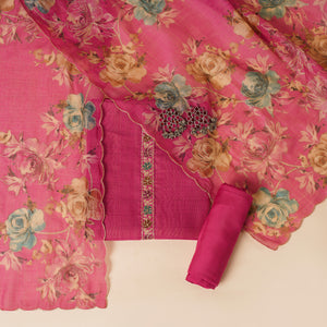 - Javer Floral Linen Zari Work Unstitched Suit Set for Women