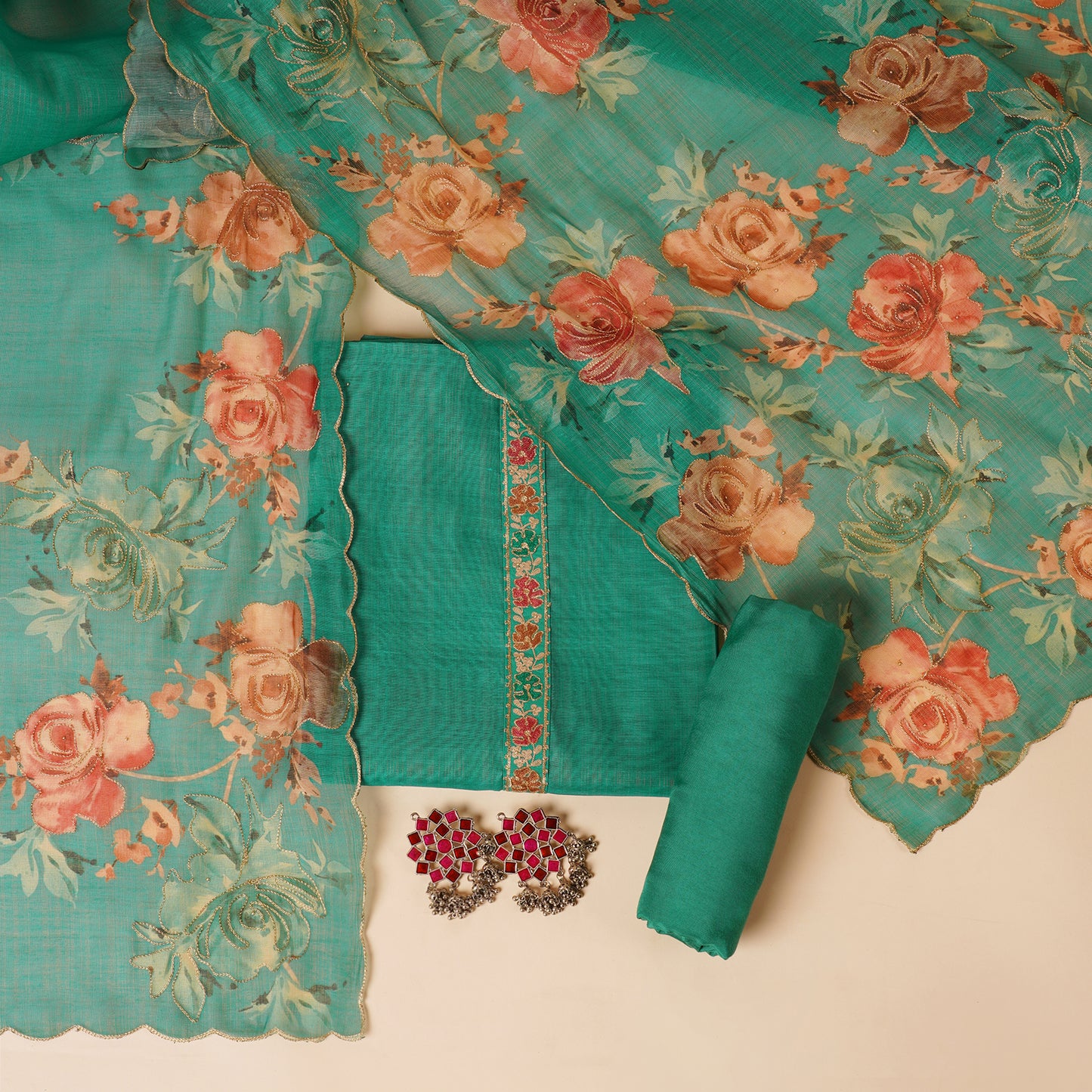 Javer Floral Linen Zari Work Unstitched Suit Set for Women