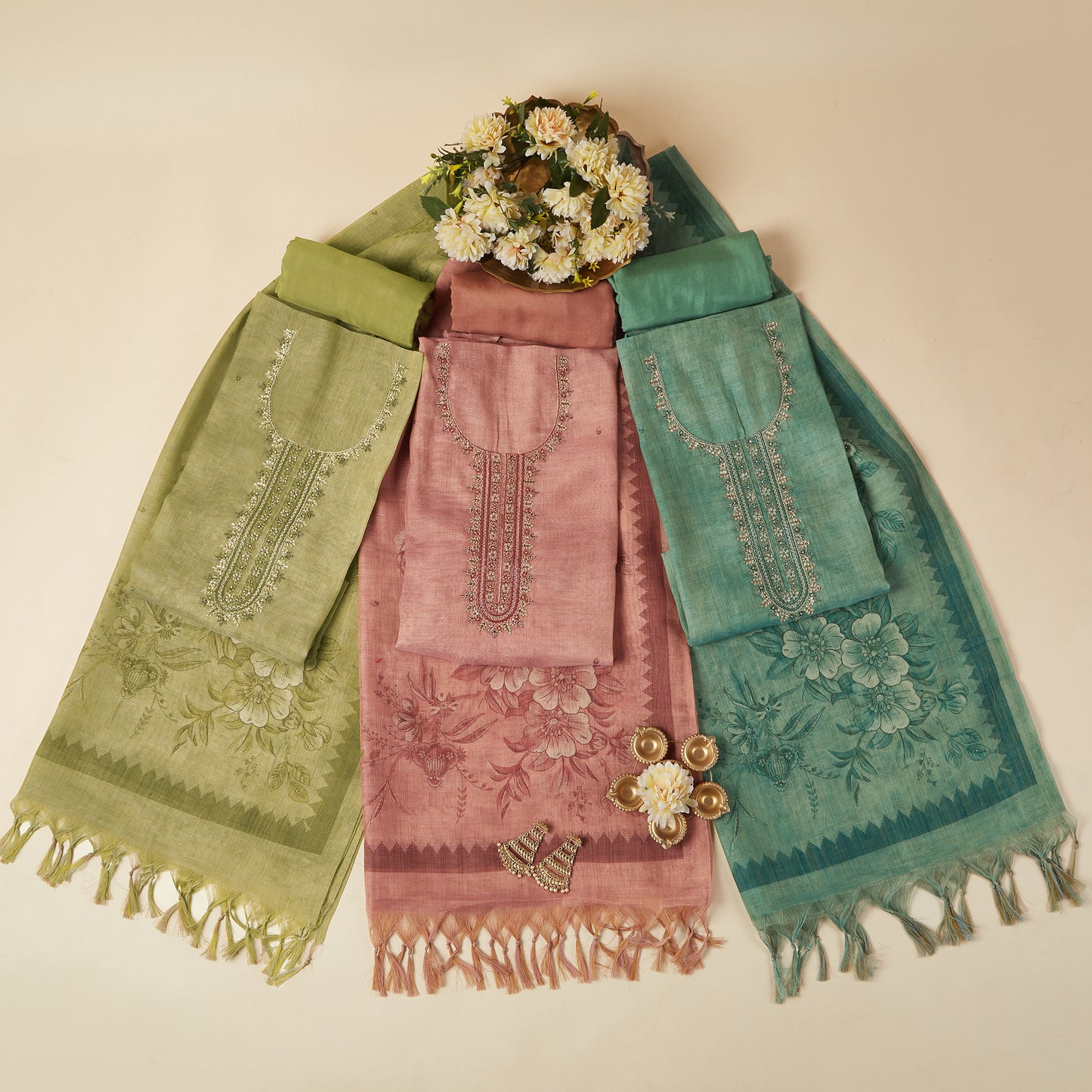 Javer Floral Tissue Linen Zardosi Work Unstitched 3pcs Suit Set for Women