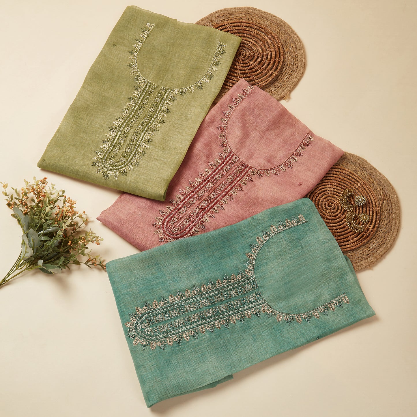 Javer Floral Tissue Linen Zardosi Work Unstitched 3pcs Suit Set for Women