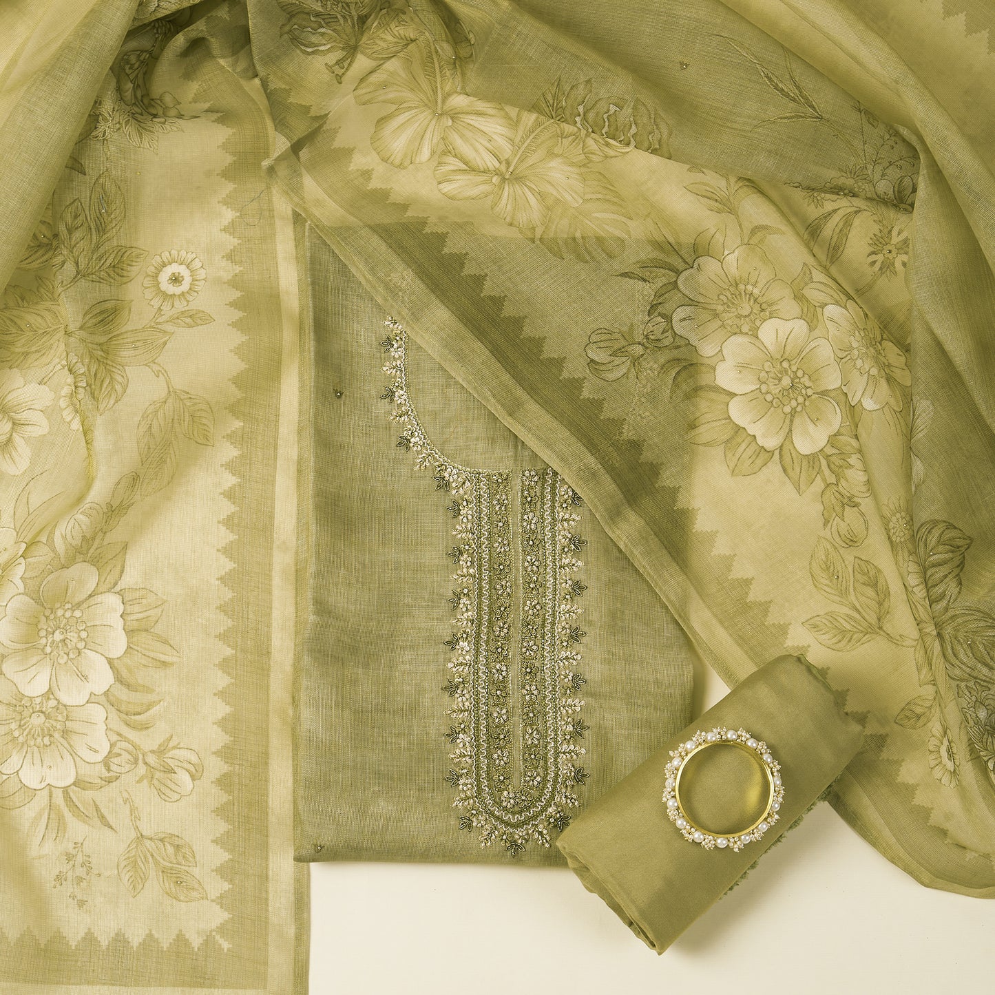 Javer Floral Tissue Linen Zardosi Work Unstitched 3pcs Suit Set for Women