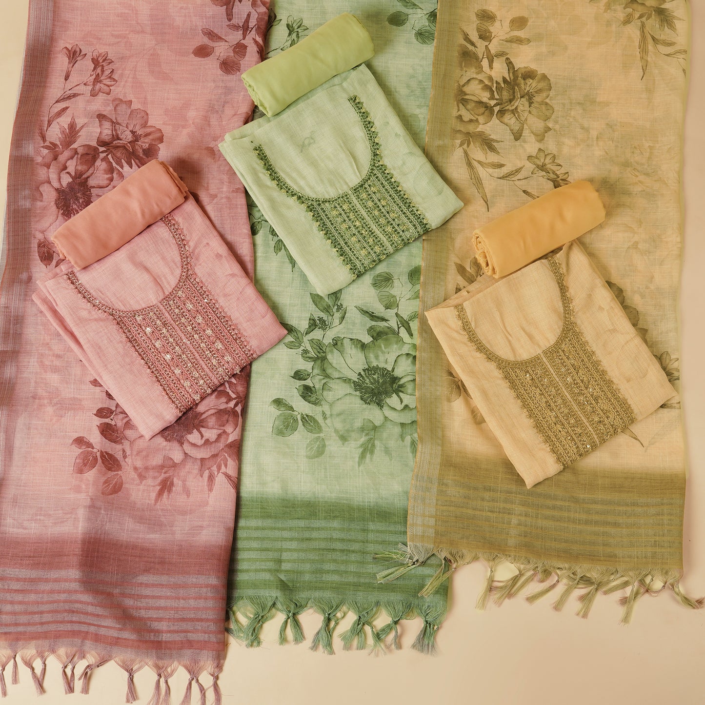 Javer Floral Linen Kantha hand embroidery & French knots Dress Material