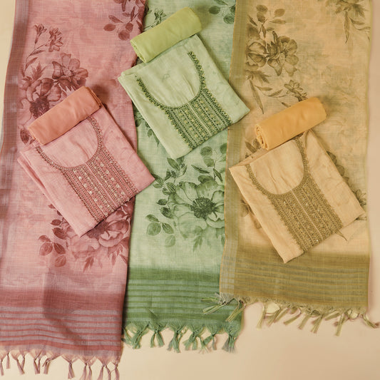 Javer Floral Linen Kantha hand embroidery & French knots Dress Material