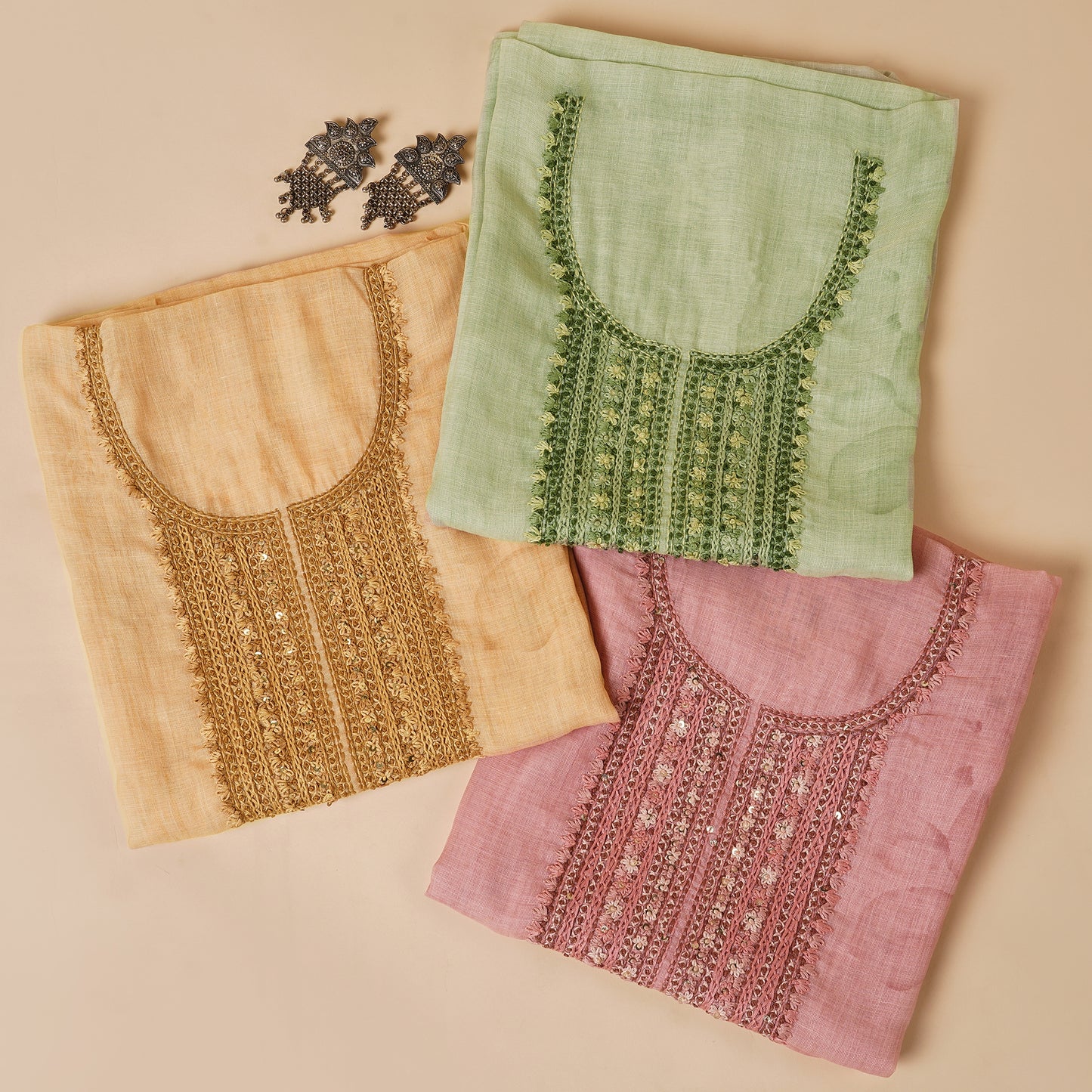 Javer Floral Linen Kantha hand embroidery & French knots Dress Material