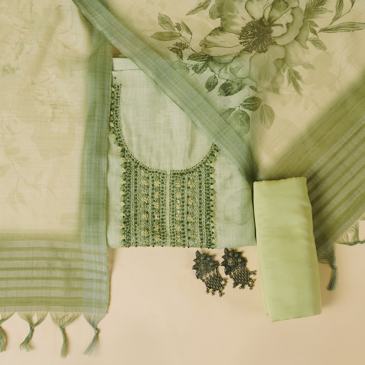 Javer Floral Linen Kantha hand embroidery & French knots Dress Material