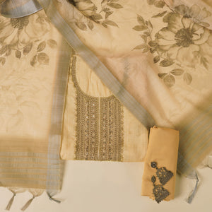 - Javer Floral Linen Kantha hand embroidery & French knots Dress Material