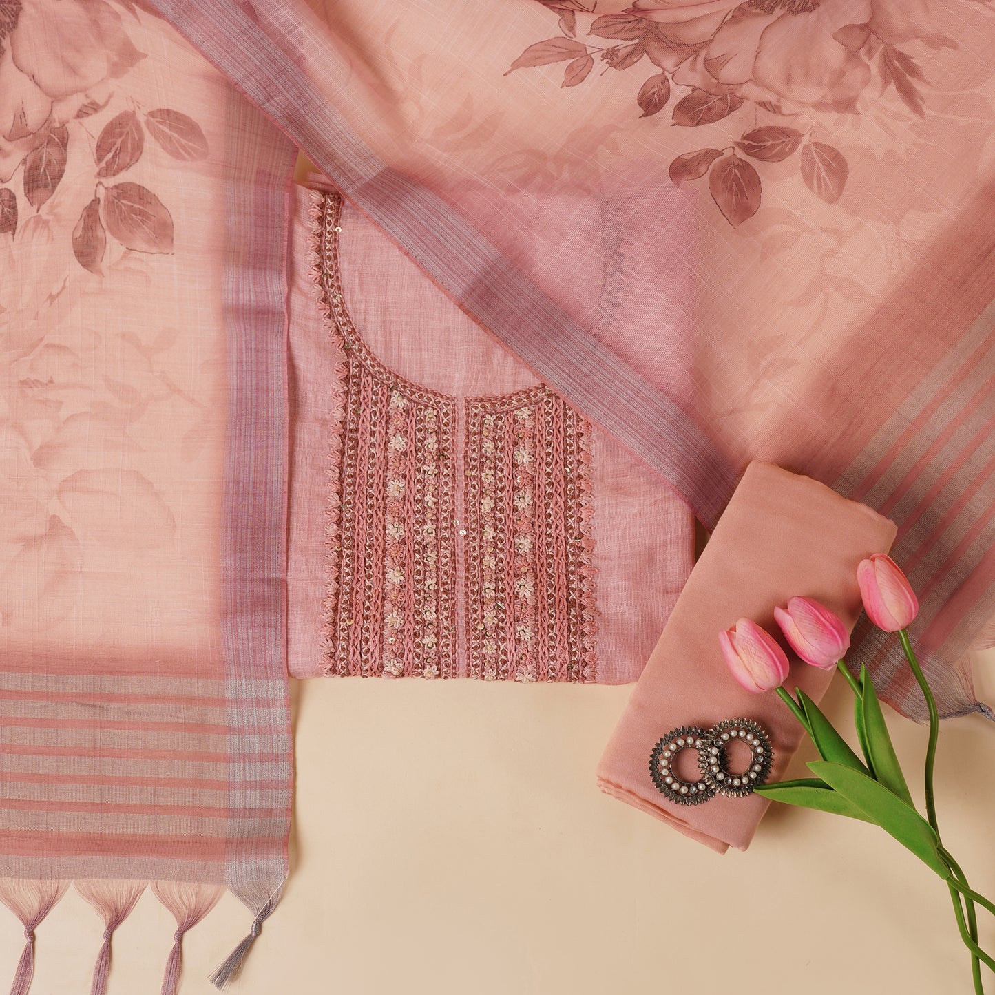 Javer Floral Linen Kantha hand embroidery & French knots Dress Material