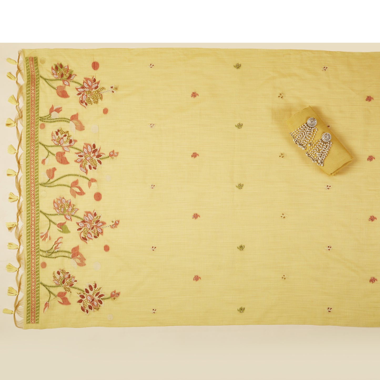 Javer Chanderi Silk Floral French Knots with Jamdani Weave dupatta Unstitched Suit Set