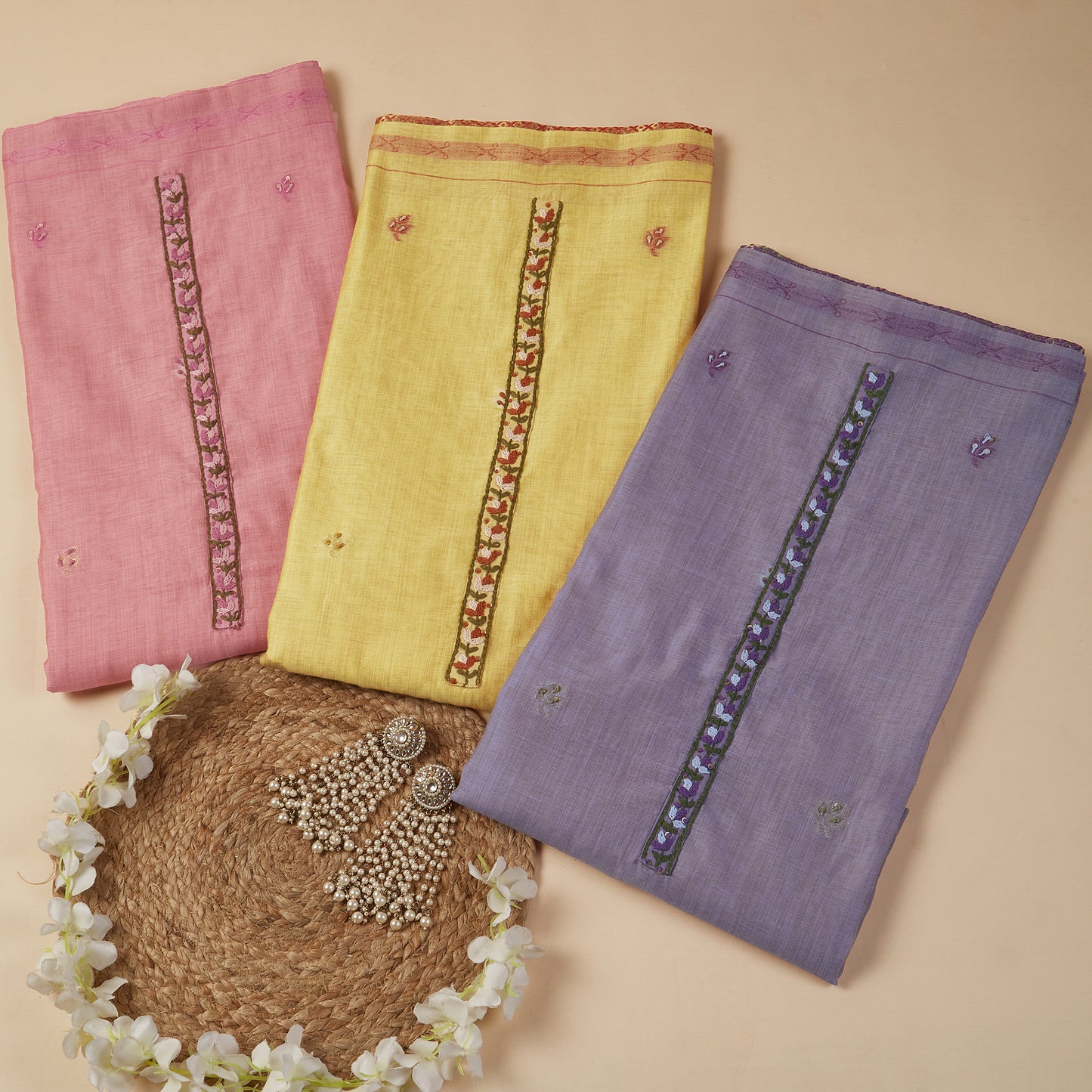 Javer Chanderi Silk Floral French Knots with Jamdani Weave dupatta Unstitched Suit Set