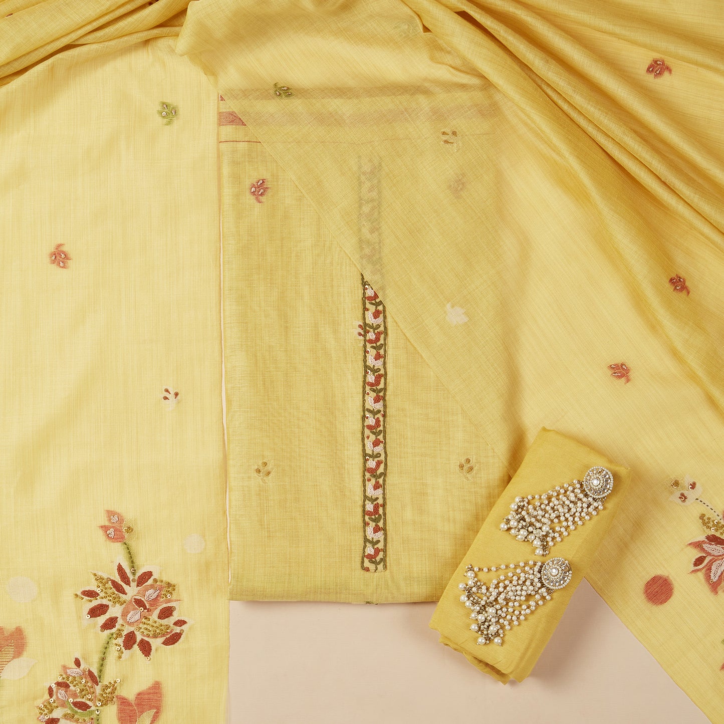 Javer Chanderi Silk Floral French Knots with Jamdani Weave dupatta Unstitched Suit Set