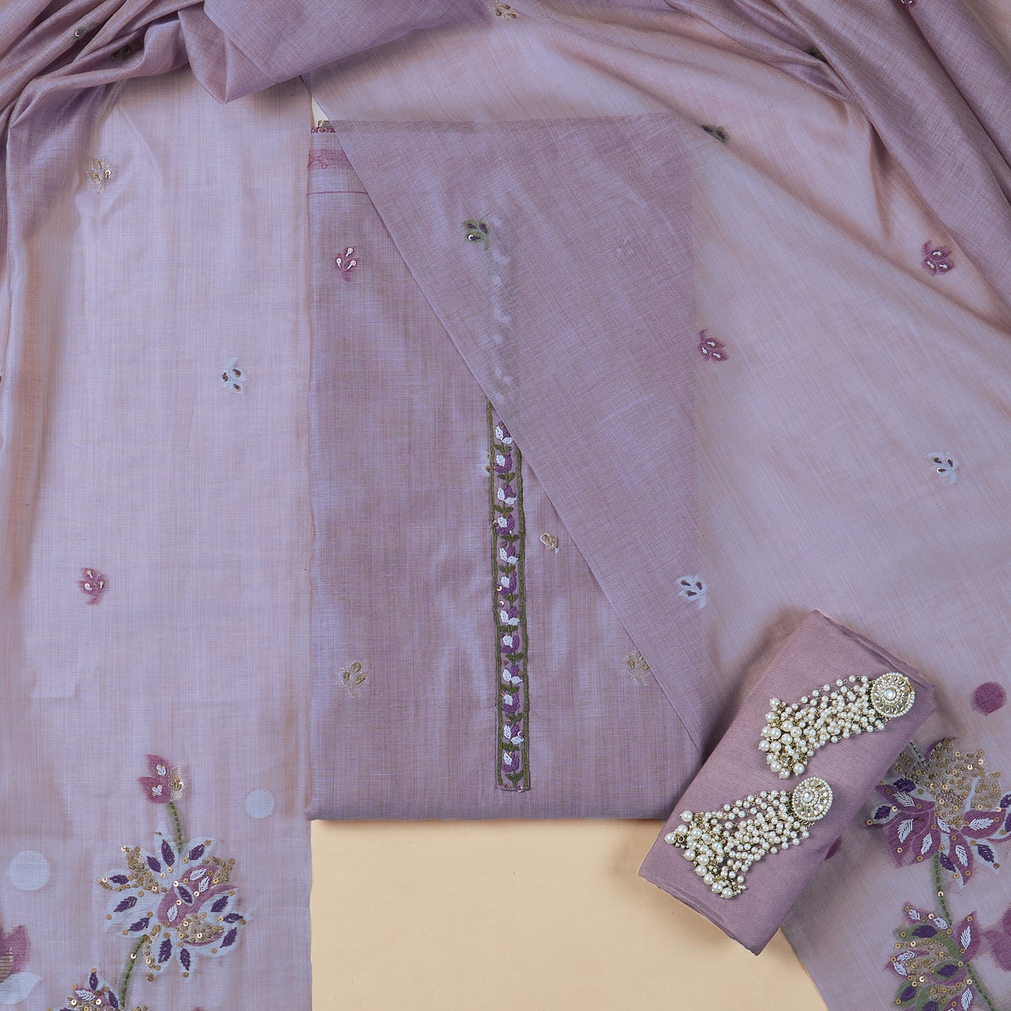 Javer Chanderi Silk Floral French Knots with Jamdani Weave dupatta Unstitched Suit Set