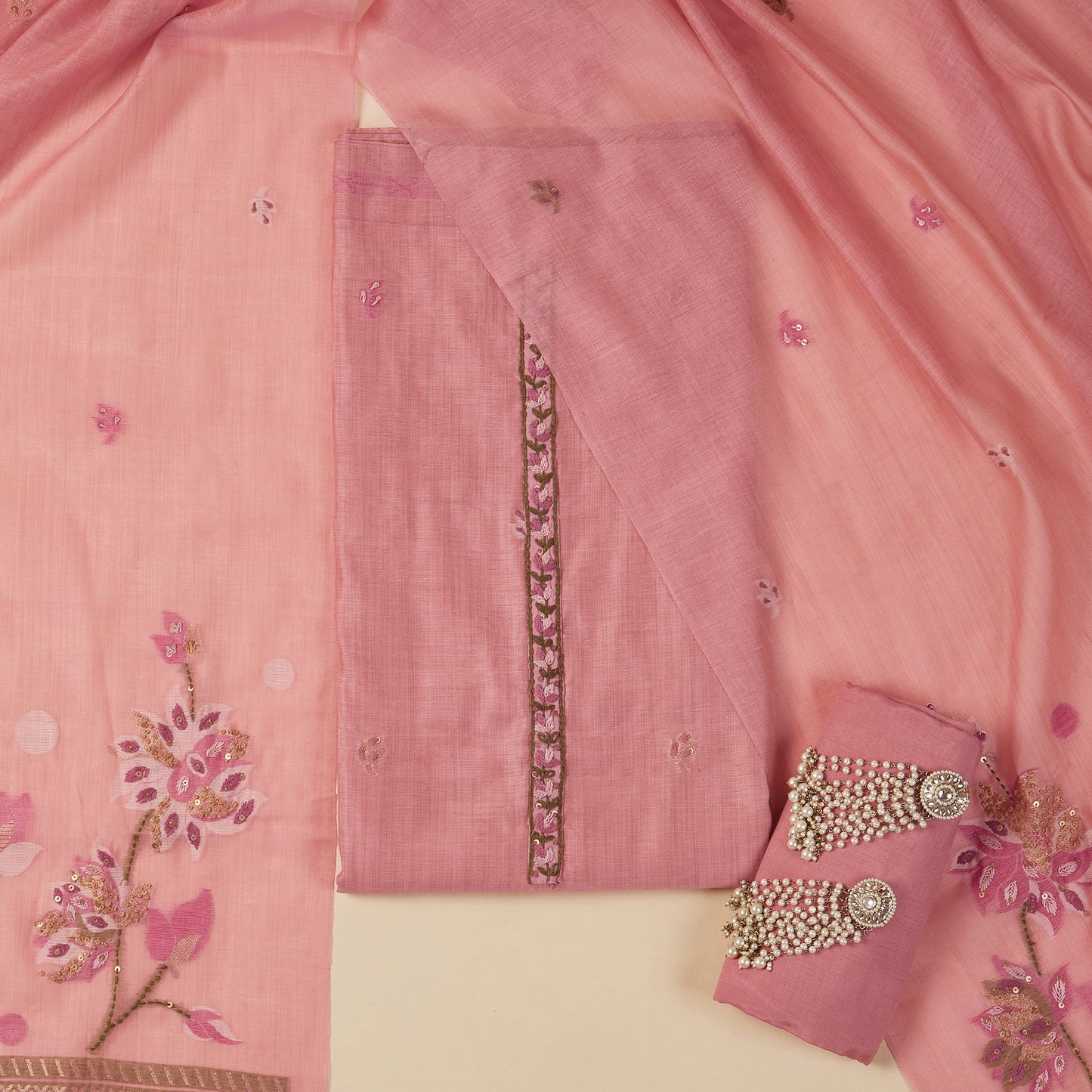 Javer Chanderi Silk Floral French Knots with Jamdani Weave dupatta Unstitched Suit Set